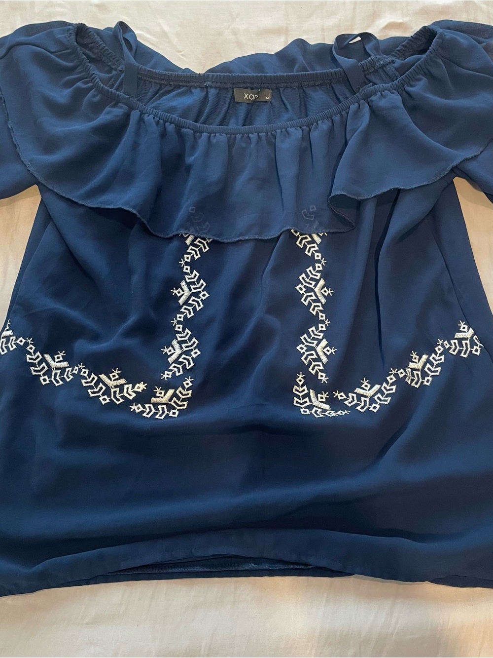 Ara Navy Blue Off-Shoulder Embroidered Ruffle Top